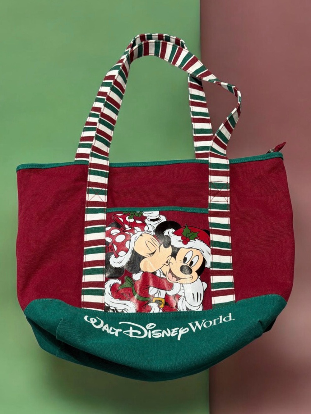 Disney World Christmas Holiday Mickey & Minnie Mouse Canvas Tote Bag EUC